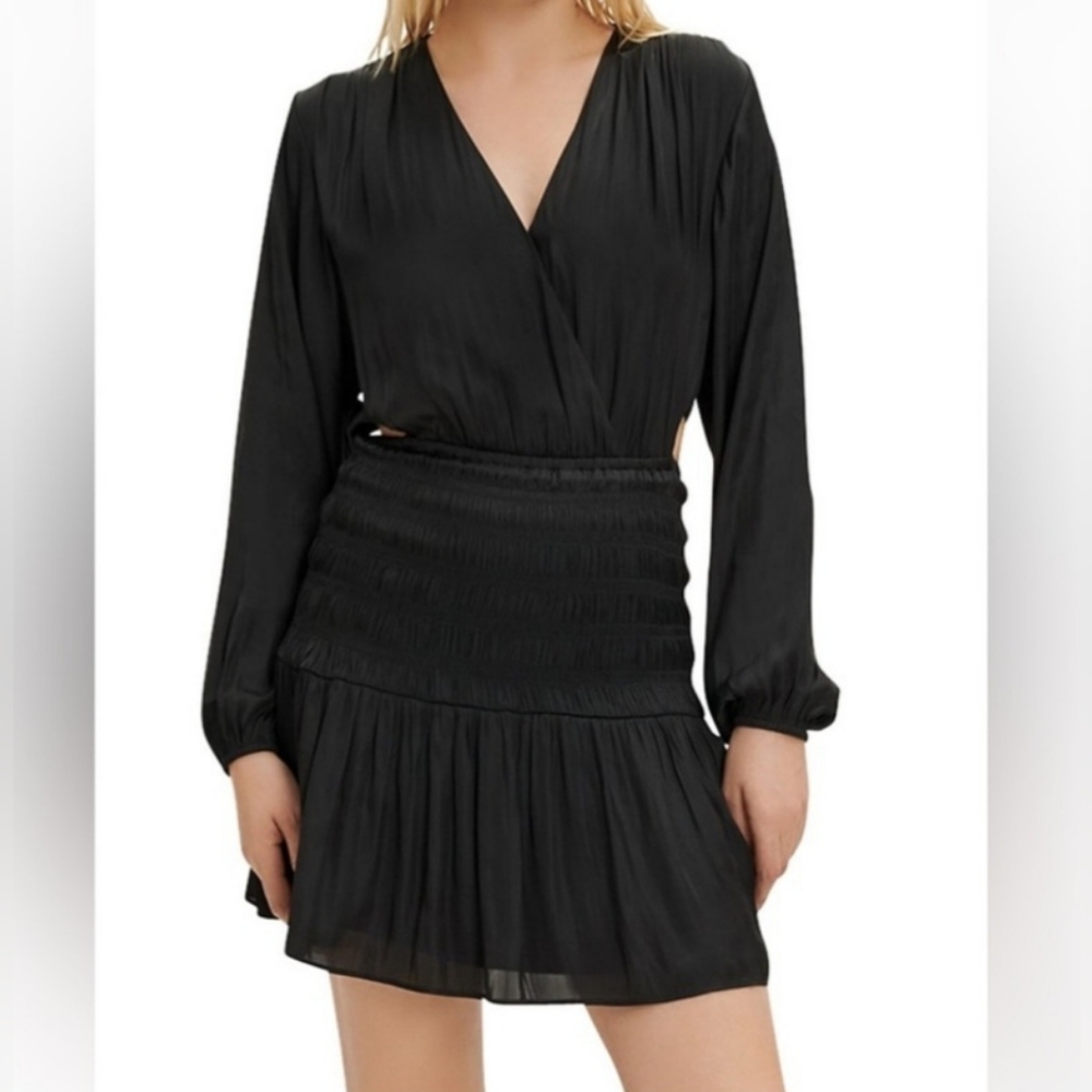 Maje Satin Smocked-Waist A-Line Minidress Black Sz 42 (XL) V-Neck